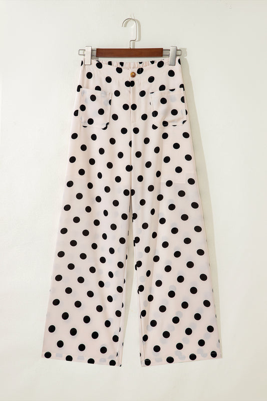White Polka Dot Print Patched Pocket Loose Pants