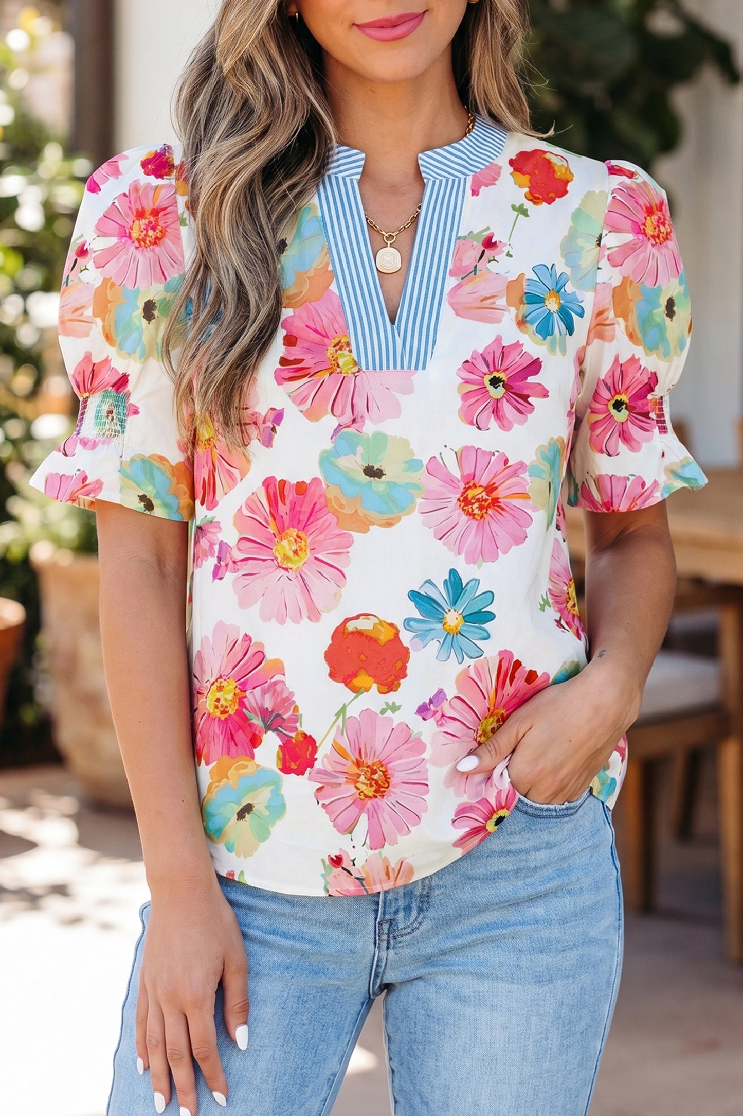 Beige Floral Print Puff Sleeve V-Neck Blouse