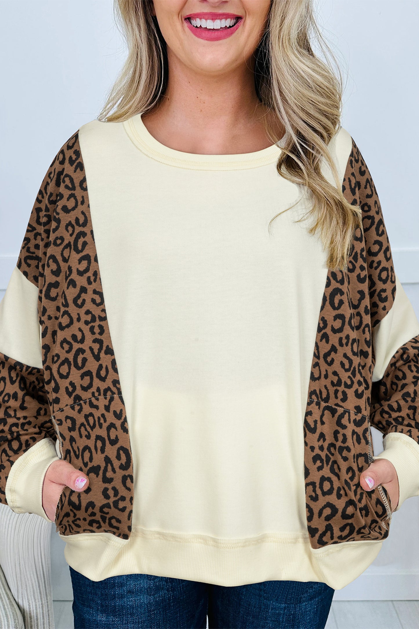 Raw Seam Color Block Leopard Patchwork Baggy Long Sleeve Top