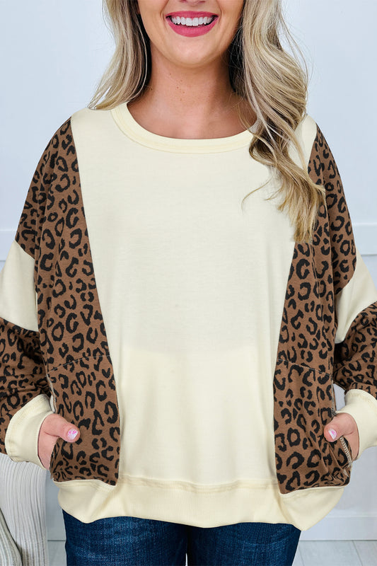 Raw Seam Color Block Leopard Patchwork Baggy Long Sleeve Top