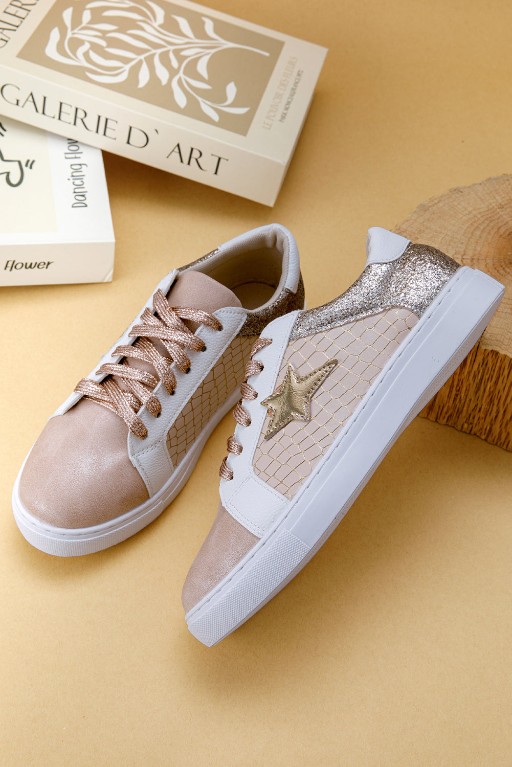Gold Glitter Star Patchwork Lace-Up Sneakers