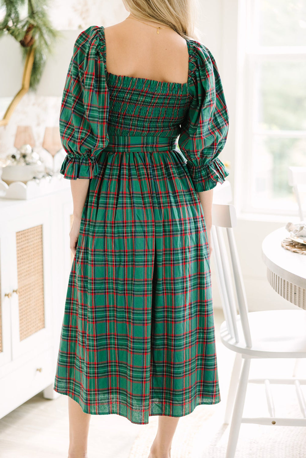 Tartan Plaid Square Neck Puff Sleeve Knot Waist Flared Midi Dress