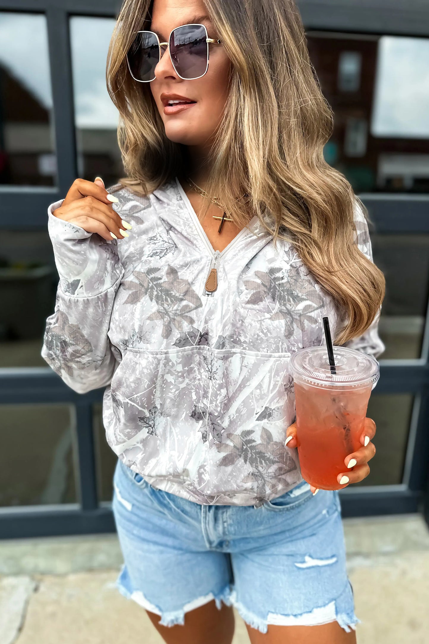 Gray Camo Leaf Print Kangaroo Pocket Quarter Zip Hoodie