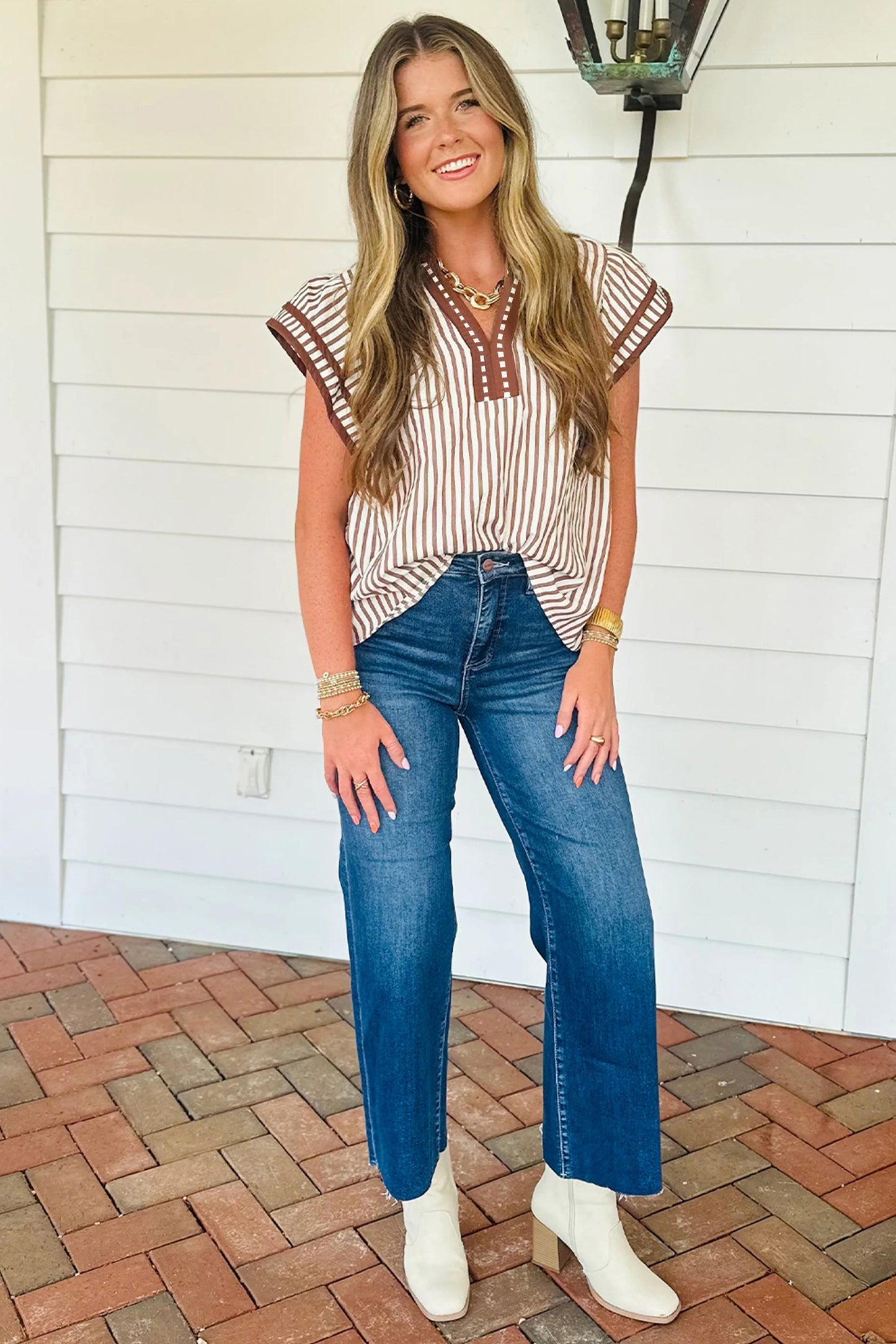Stripe Double Ruffled Short Sleeve V Neck Blouse