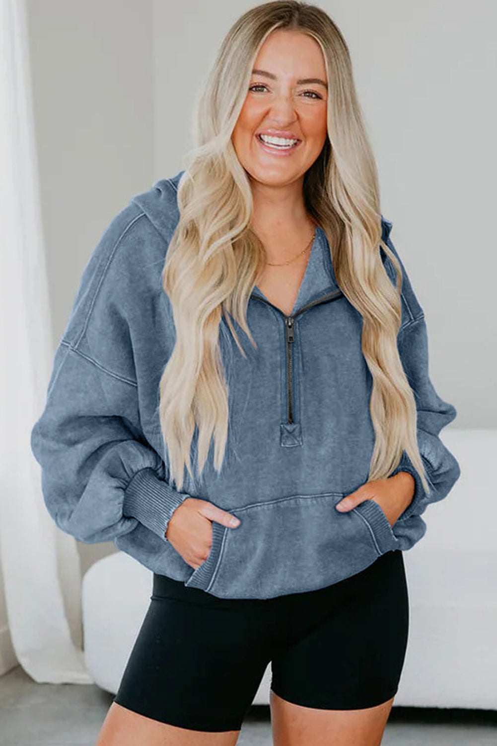 Half Zip Kangaroo Pocket Mineral Wash Baggy Hoodie