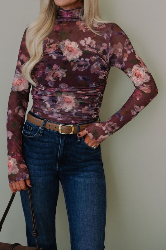 High Neck Ruched Floral Mesh Top