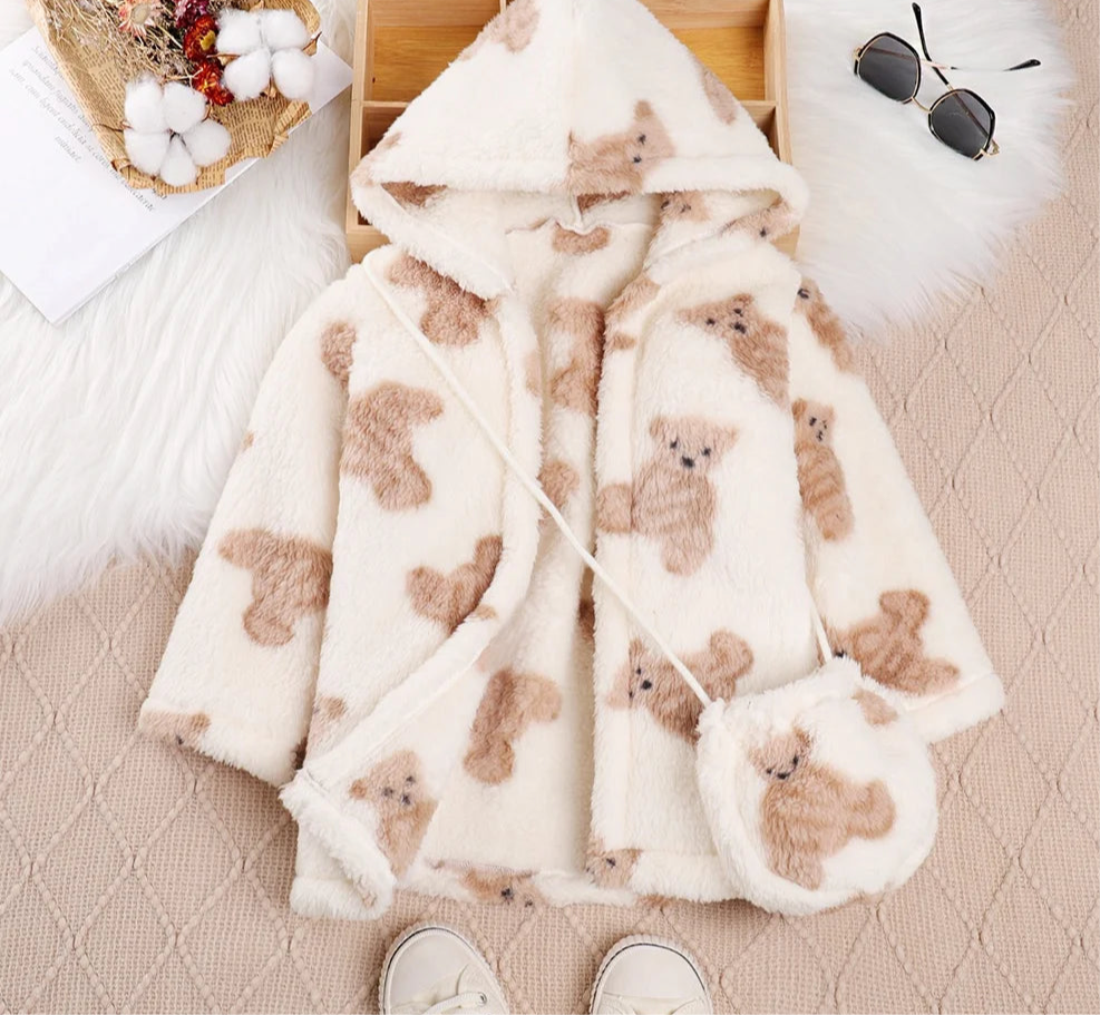 Children's Girl's Bear Print Faux Fur Fleece Coat with Bag