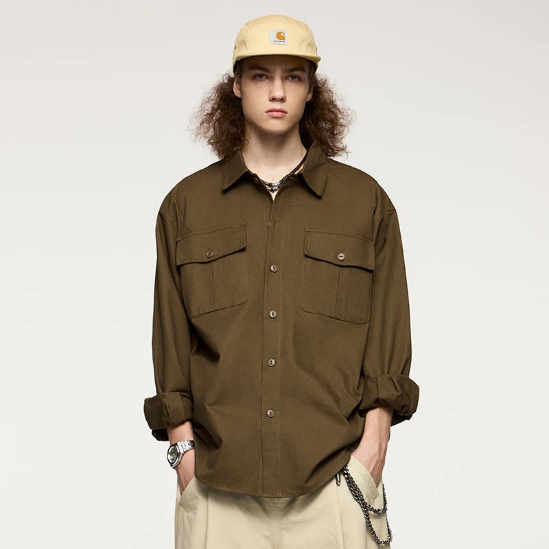 Men's Turn-Down Collar Long Sleeve Blouses Pockets Single-Breasted Vintage Cotton Casual Shirt
