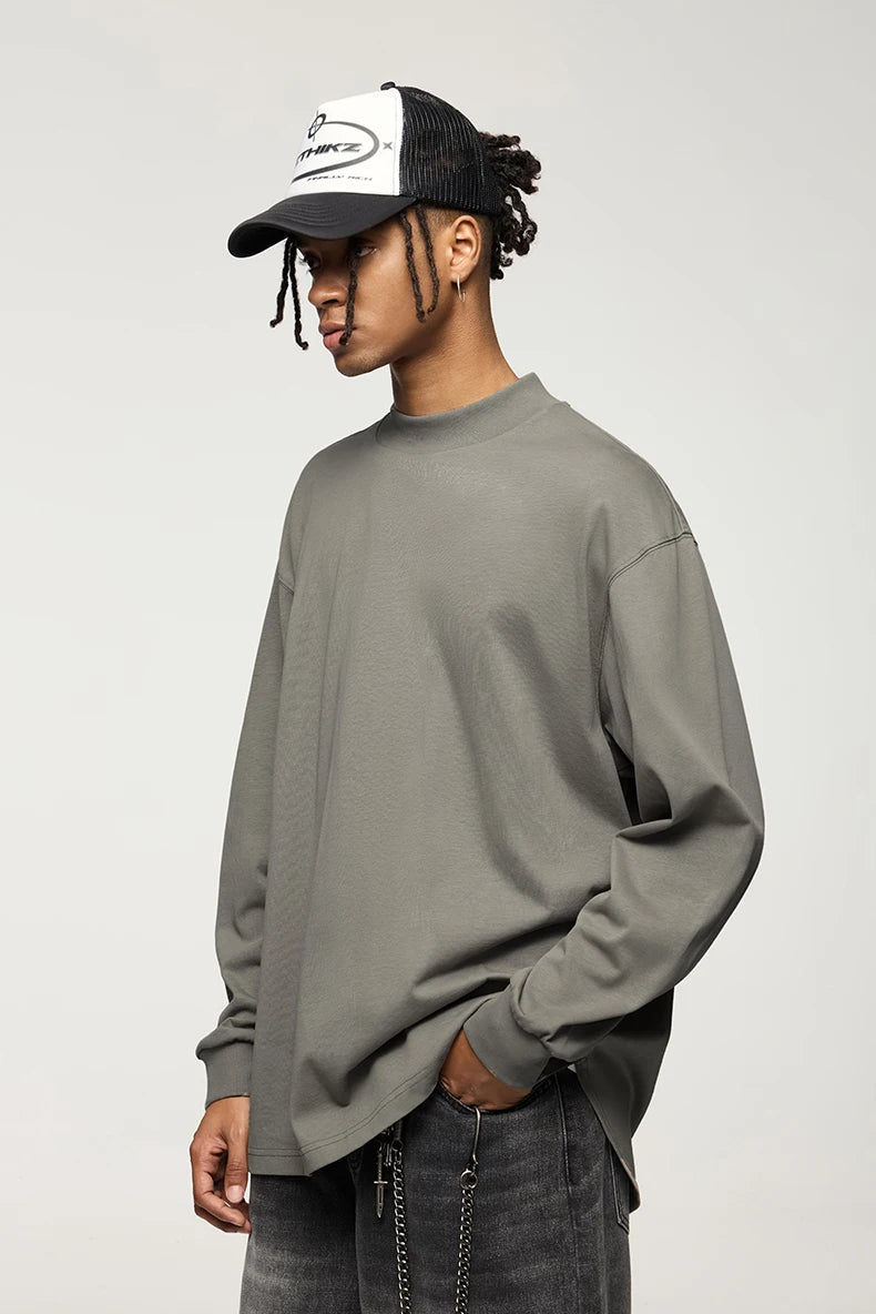 Unisex Heavyweight Mock Neck Cotton  Oversized Long-sleeved T-shirt
