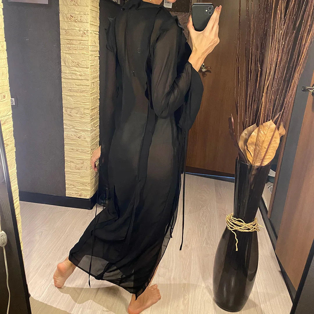 Women's Deep V-Neck High Split Ruffle Beach Cover-Up Maxi Dress