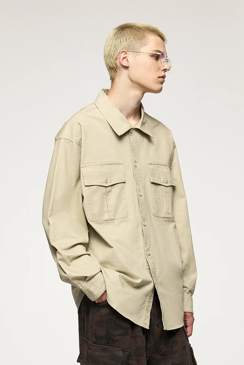 Men's Turn-Down Collar Long Sleeve Blouses Pockets Single-Breasted Vintage Cotton Casual Shirt