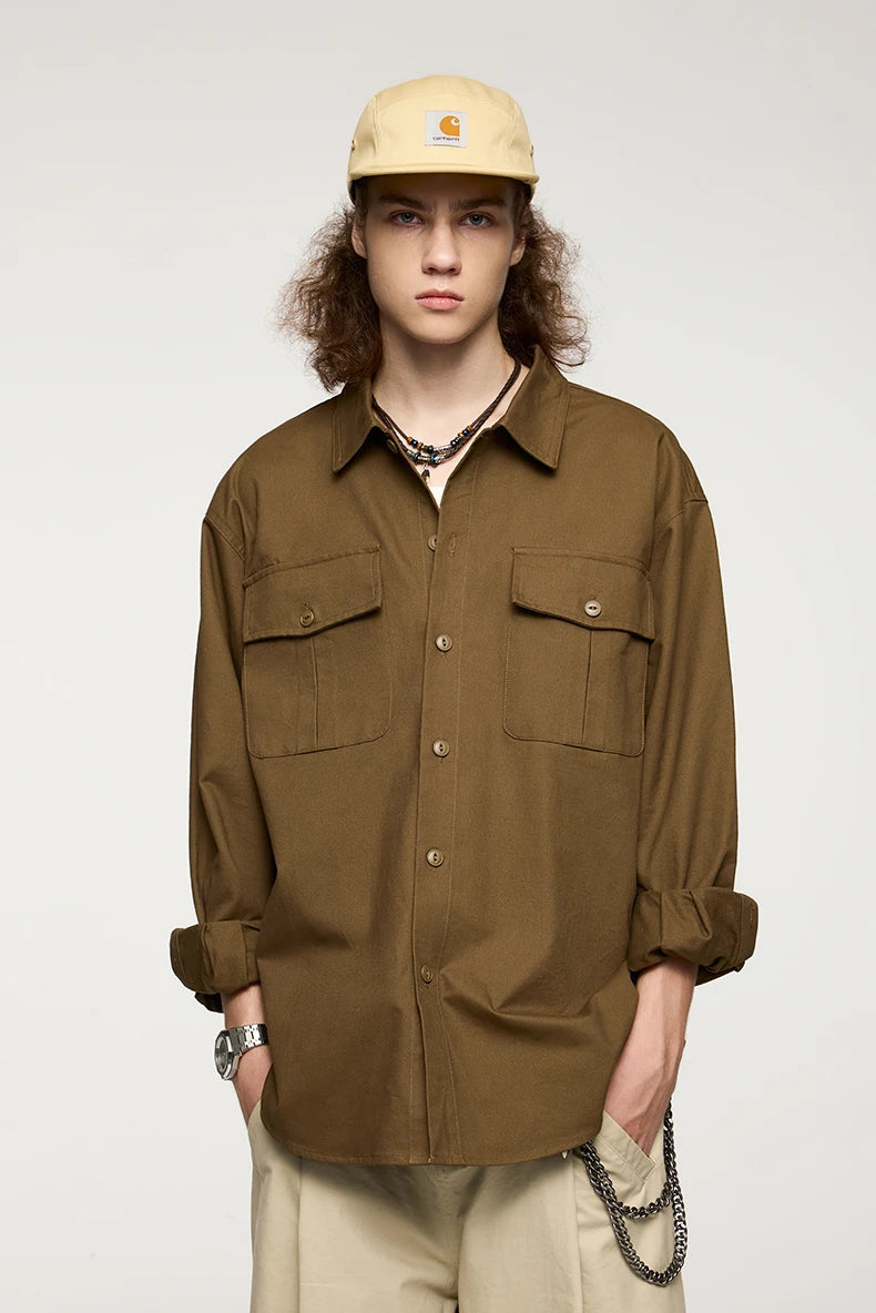 Men's Turn-Down Collar Long Sleeve Blouses Pockets Single-Breasted Vintage Cotton Casual Shirt