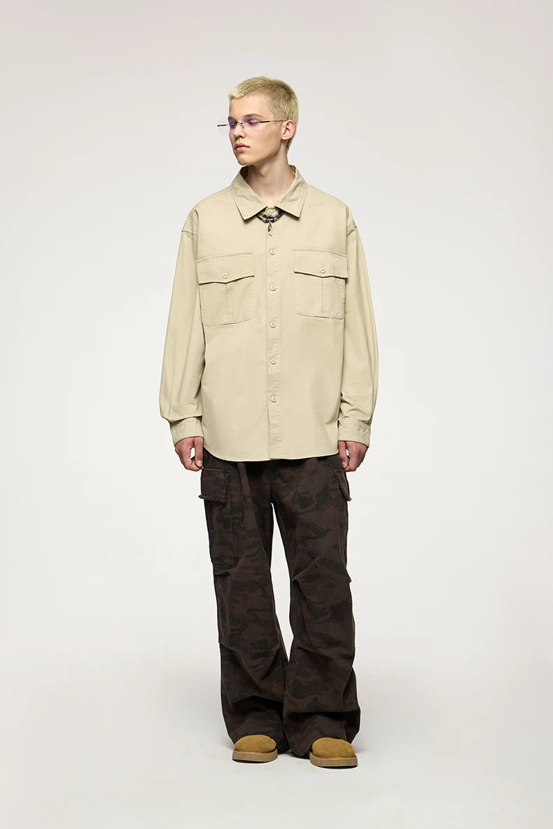 Men's Turn-Down Collar Long Sleeve Blouses Pockets Single-Breasted Vintage Cotton Casual Shirt