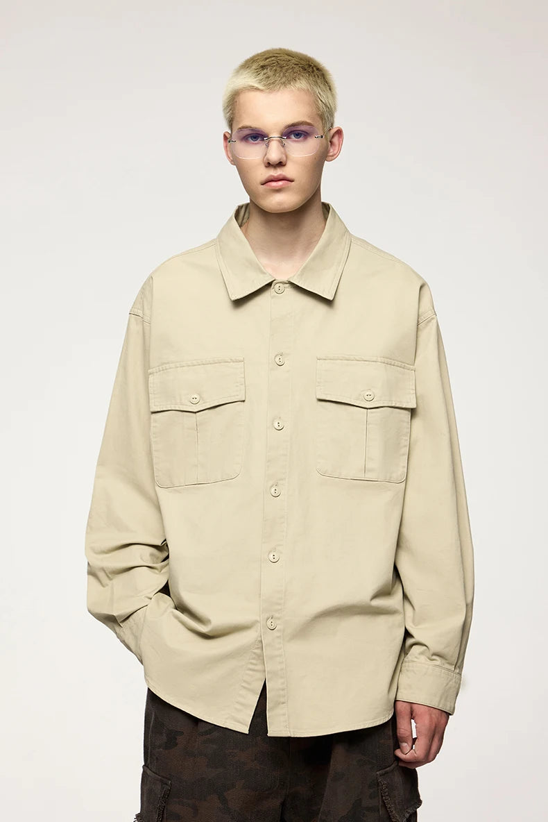 Men's Turn-Down Collar Long Sleeve Blouses Pockets Single-Breasted Vintage Cotton Casual Shirt