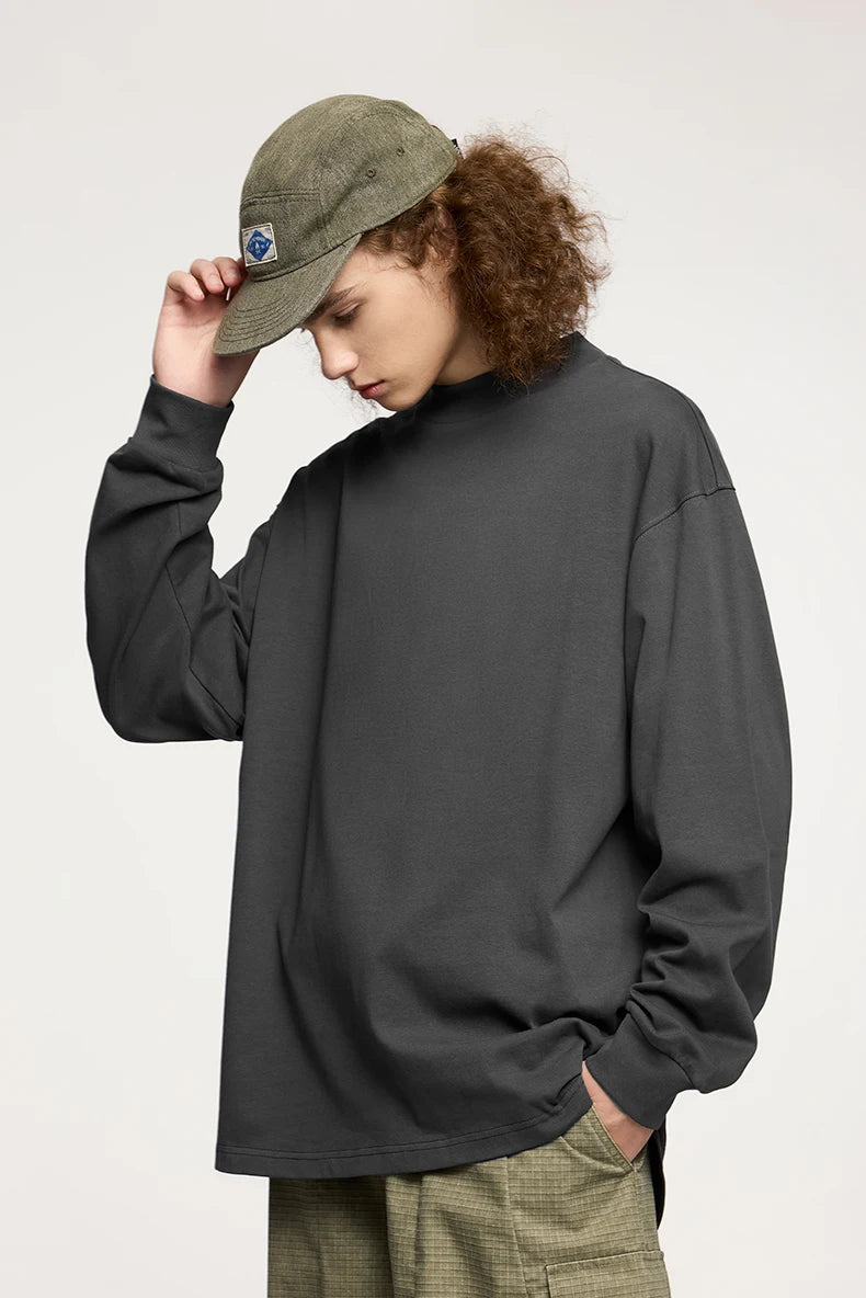 Unisex Heavyweight Mock Neck Cotton  Oversized Long-sleeved T-shirt