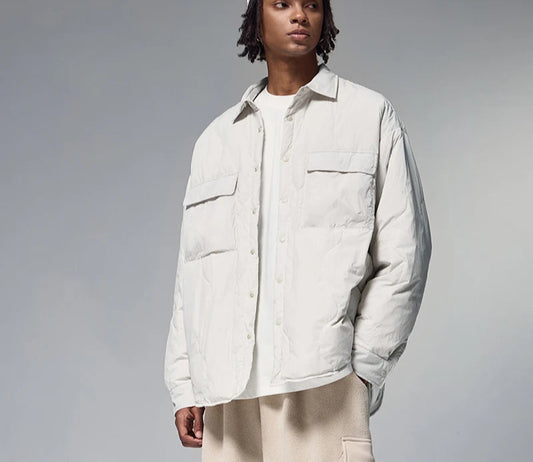 Unisex Lightweight Duck Down Style Loose Casual Thicken Cargo Shirt Jacket