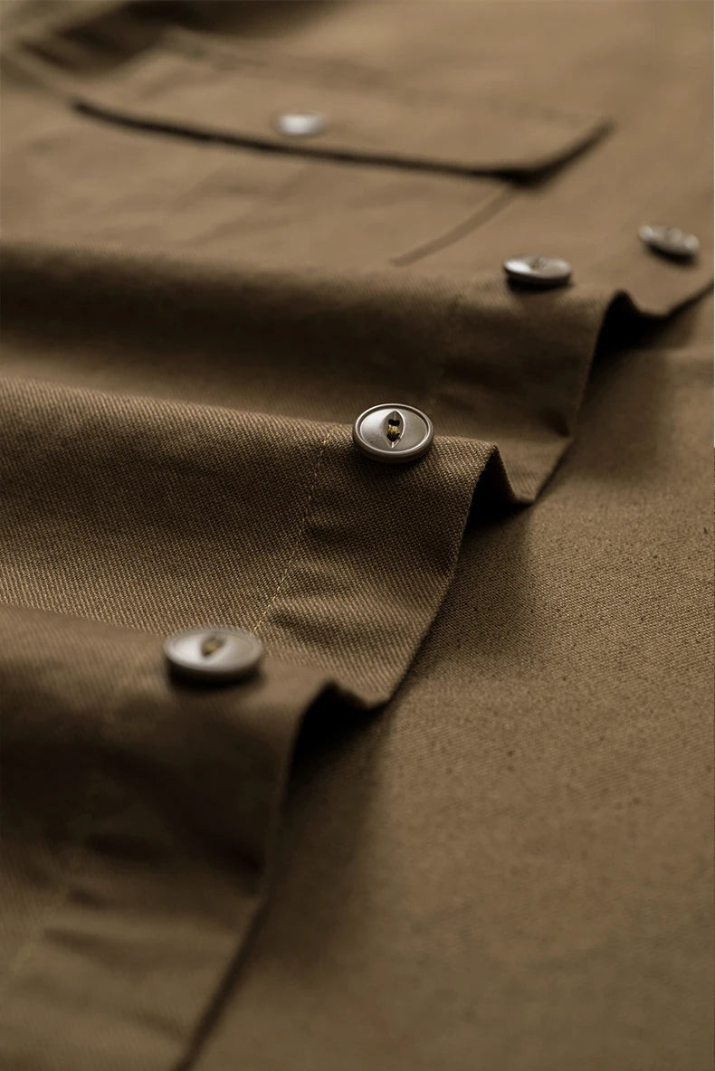 Men's Turn-Down Collar Long Sleeve Blouses Pockets Single-Breasted Vintage Cotton Casual Shirt