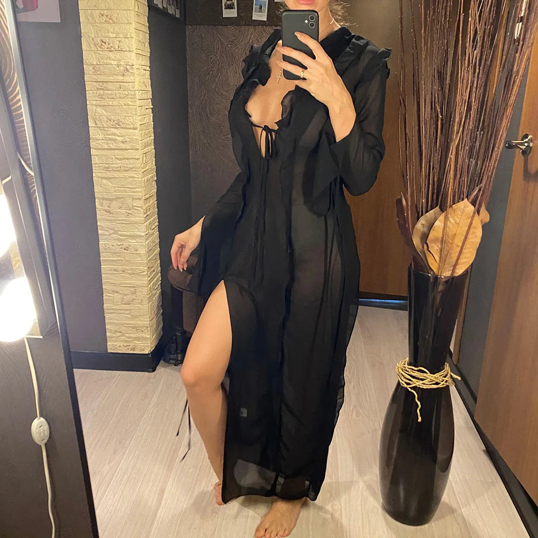 Women's Deep V-Neck High Split Ruffle Beach Cover-Up Maxi Dress
