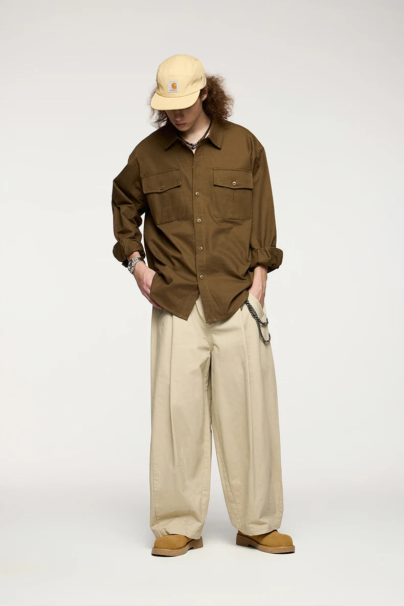 Men's Turn-Down Collar Long Sleeve Blouses Pockets Single-Breasted Vintage Cotton Casual Shirt