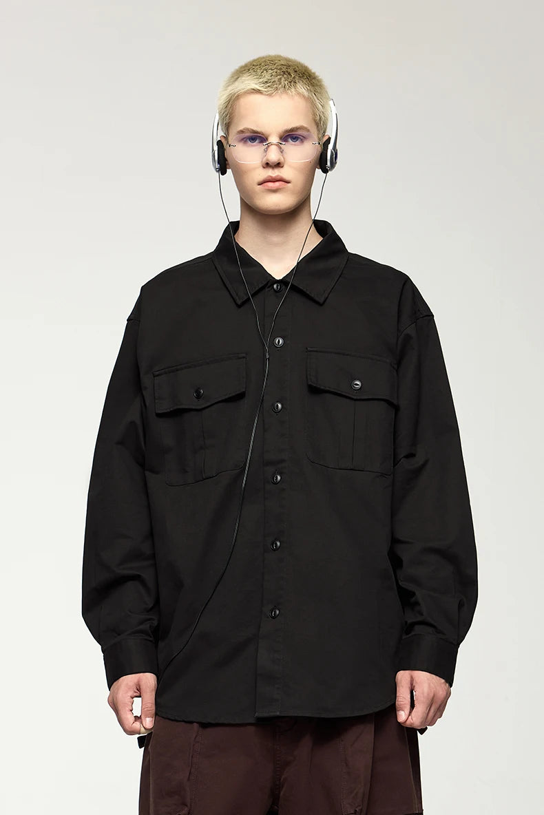Men's Turn-Down Collar Long Sleeve Blouses Pockets Single-Breasted Vintage Cotton Casual Shirt