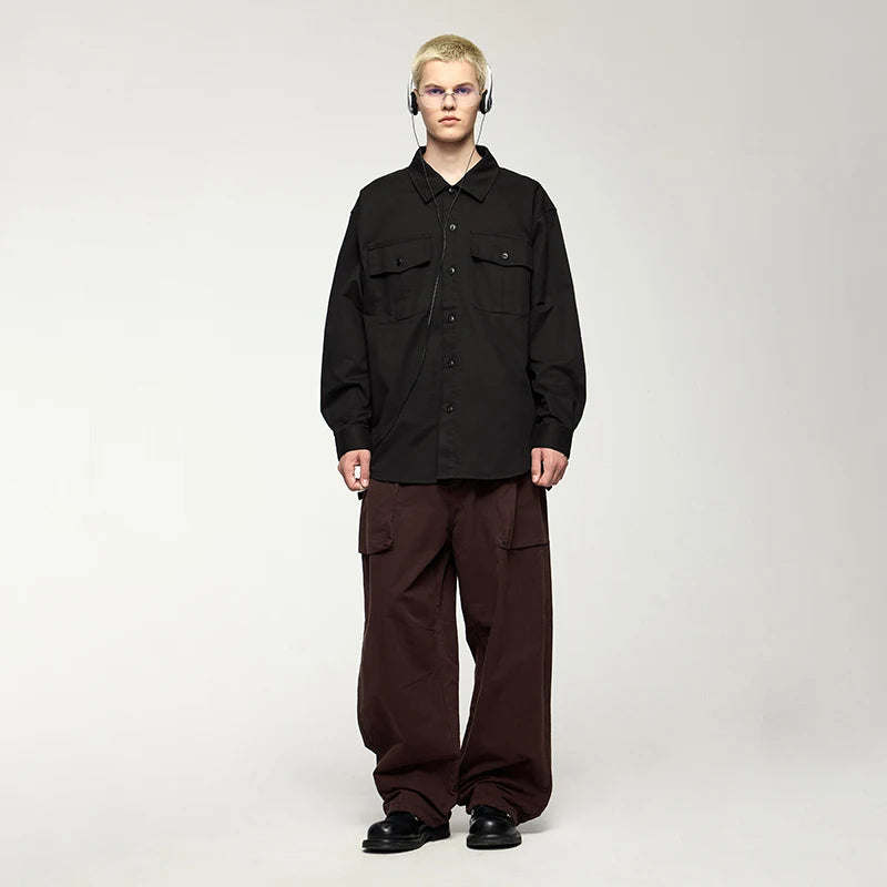 Men's Turn-Down Collar Long Sleeve Blouses Pockets Single-Breasted Vintage Cotton Casual Shirt