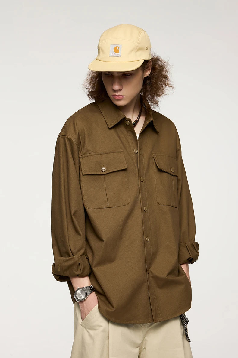 Men's Turn-Down Collar Long Sleeve Blouses Pockets Single-Breasted Vintage Cotton Casual Shirt