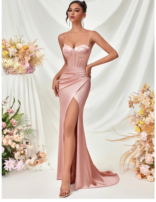 Women's Summer Fish Bone Trimmed Front Spaghetti Straps Evening Party Dress