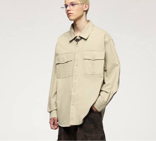 Men's Turn-Down Collar Long Sleeve Blouses Pockets Single-Breasted Vintage Cotton Casual Shirt