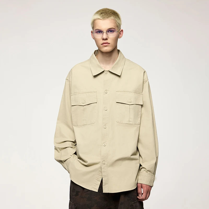 Men's Turn-Down Collar Long Sleeve Blouses Pockets Single-Breasted Vintage Cotton Casual Shirt
