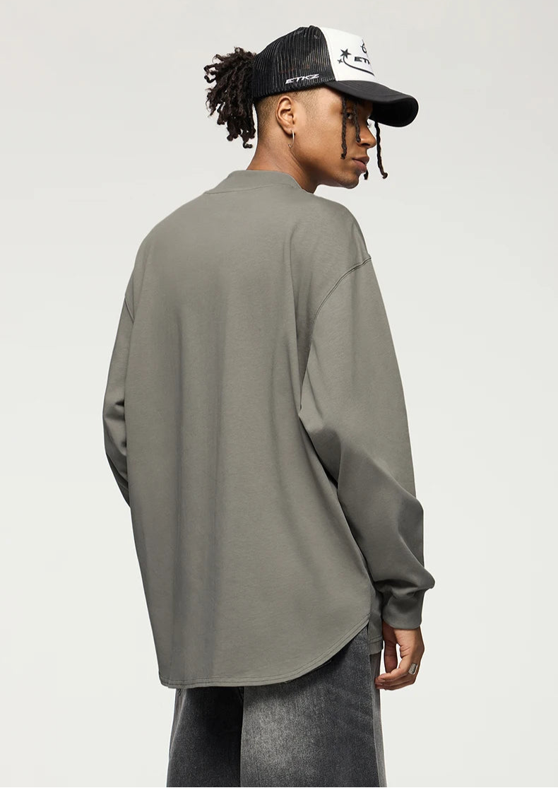 Unisex Heavyweight Mock Neck Cotton  Oversized Long-sleeved T-shirt