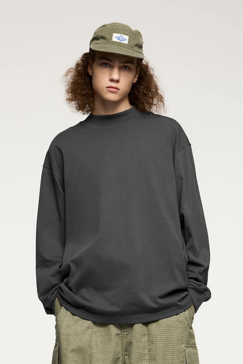 Unisex Heavyweight Mock Neck Cotton  Oversized Long-sleeved T-shirt
