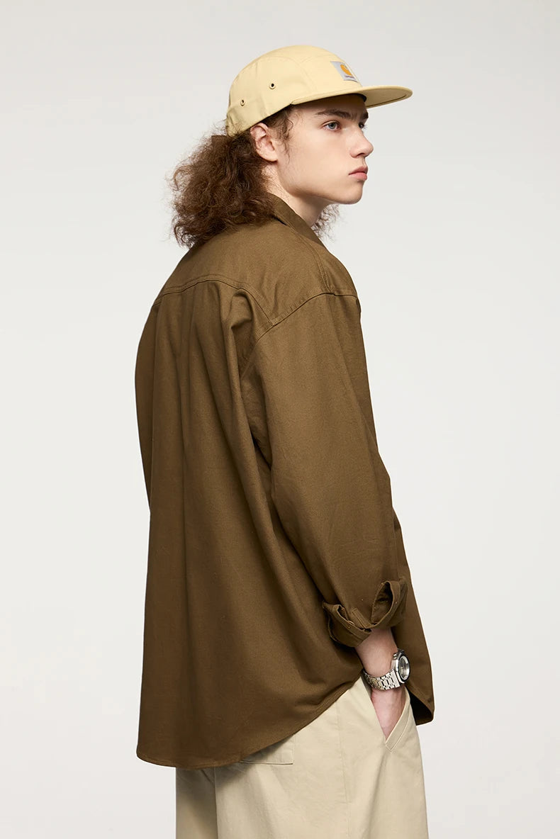 Men's Turn-Down Collar Long Sleeve Blouses Pockets Single-Breasted Vintage Cotton Casual Shirt