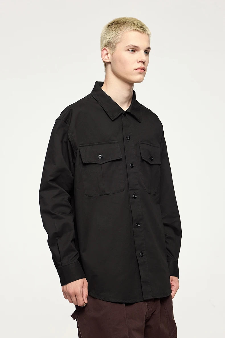 Men's Turn-Down Collar Long Sleeve Blouses Pockets Single-Breasted Vintage Cotton Casual Shirt
