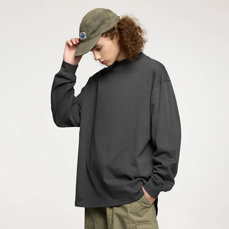 Unisex Heavyweight Mock Neck Cotton  Oversized Long-sleeved T-shirt