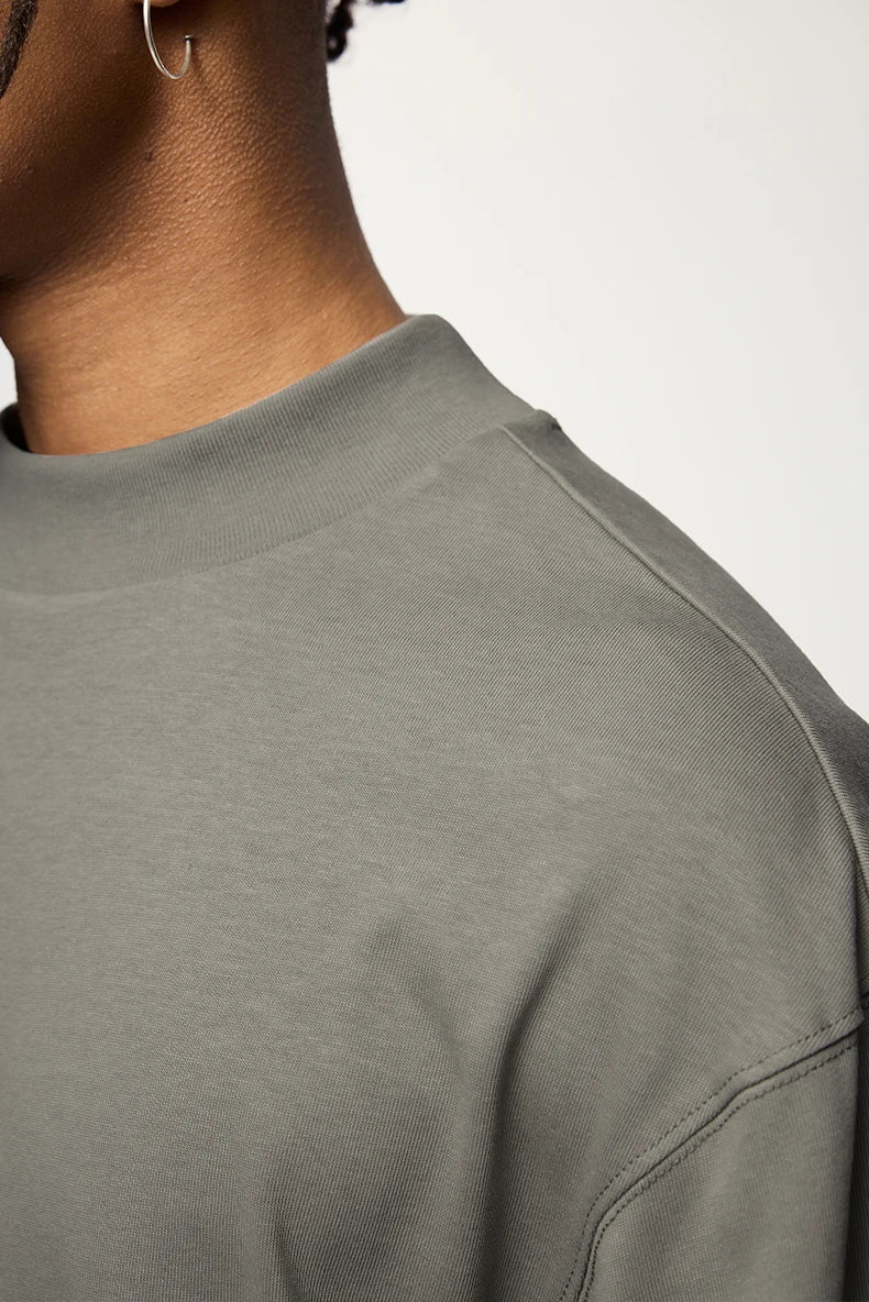 Unisex Heavyweight Mock Neck Cotton  Oversized Long-sleeved T-shirt