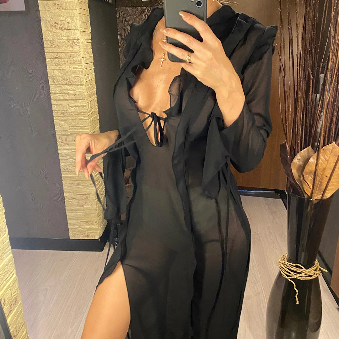 Women's Deep V-Neck High Split Ruffle Beach Cover-Up Maxi Dress