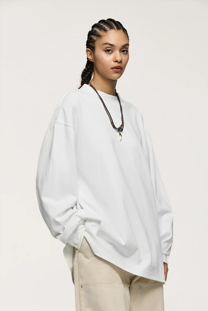 Unisex Heavyweight Mock Neck Cotton  Oversized Long-sleeved T-shirt