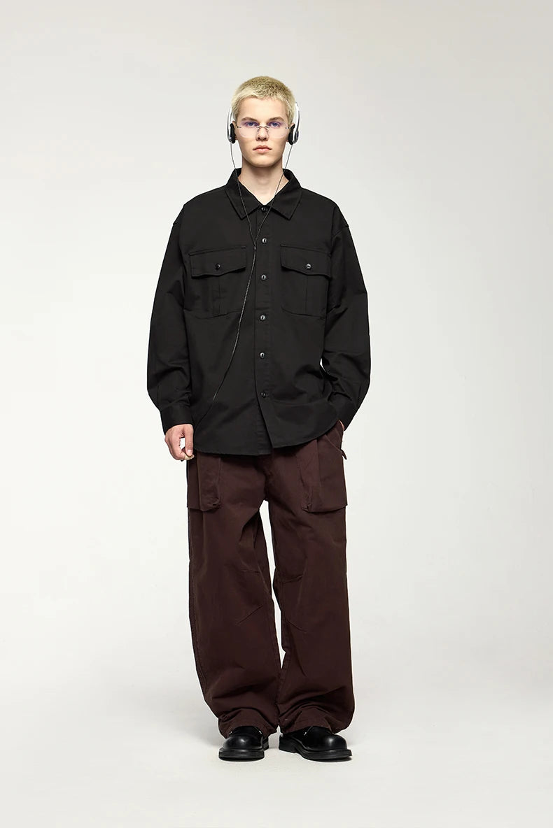 Men's Turn-Down Collar Long Sleeve Blouses Pockets Single-Breasted Vintage Cotton Casual Shirt