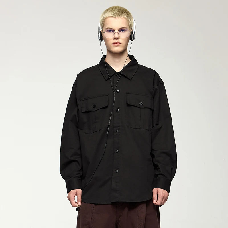 Men's Turn-Down Collar Long Sleeve Blouses Pockets Single-Breasted Vintage Cotton Casual Shirt