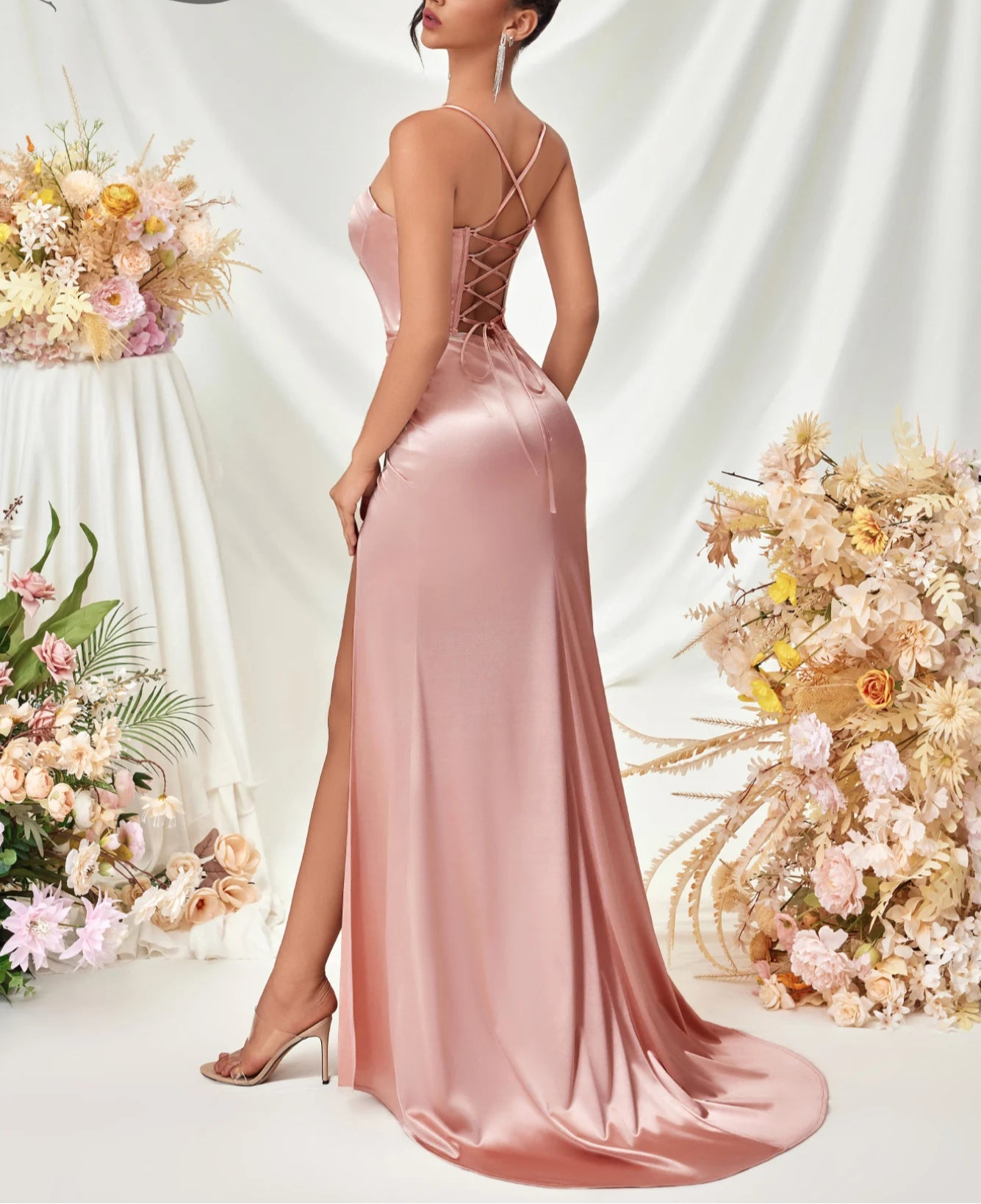 Women's Summer Fish Bone Trimmed Front Spaghetti Straps Evening Party Dress