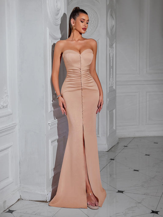 Elegant Button Detail Strapless Maxi Dress - Long Bodycon Evening Gown
