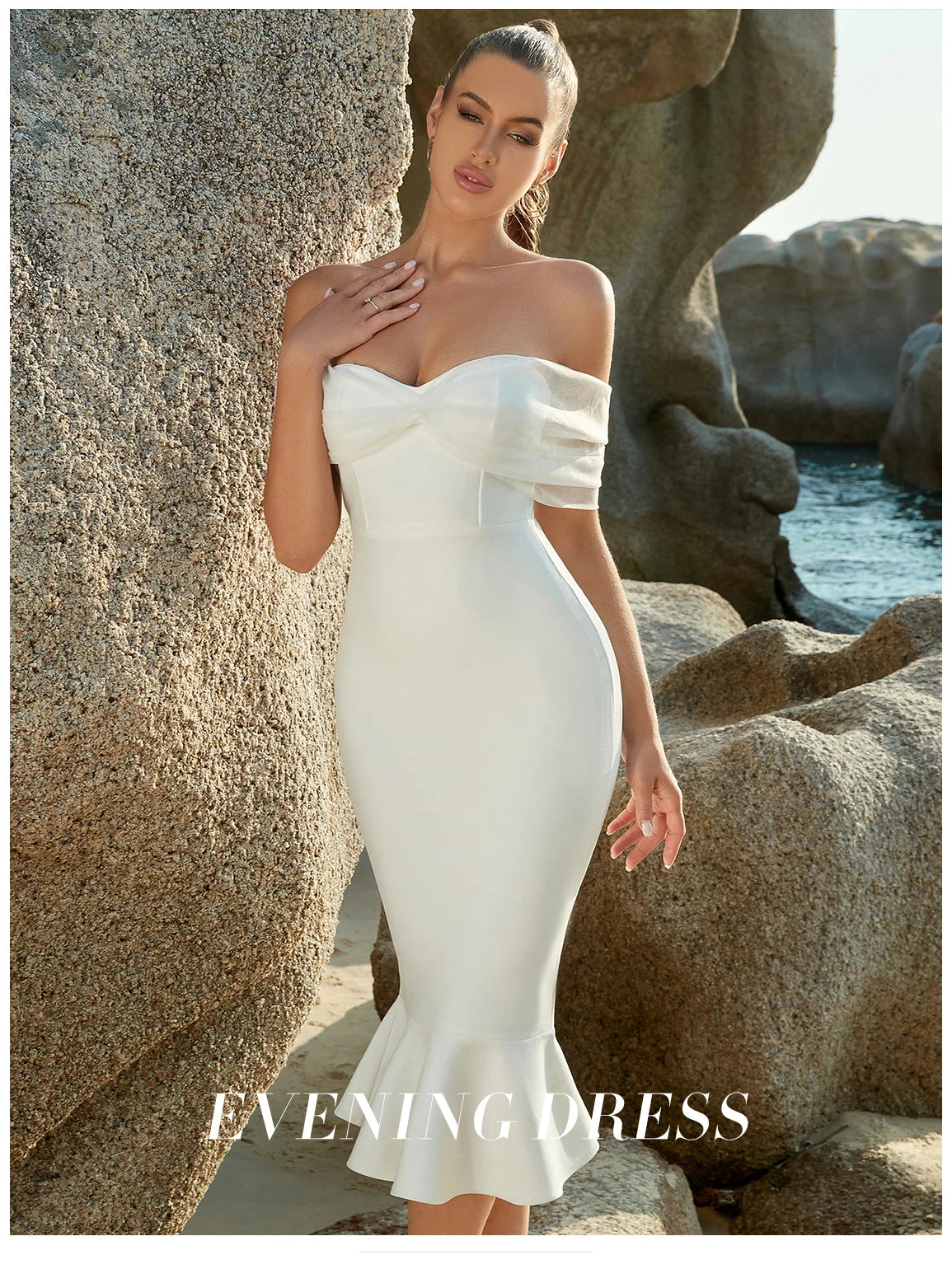 Women's Summer Mesh Midi Mermaid Bandage Off Shoulder Evening  Dress