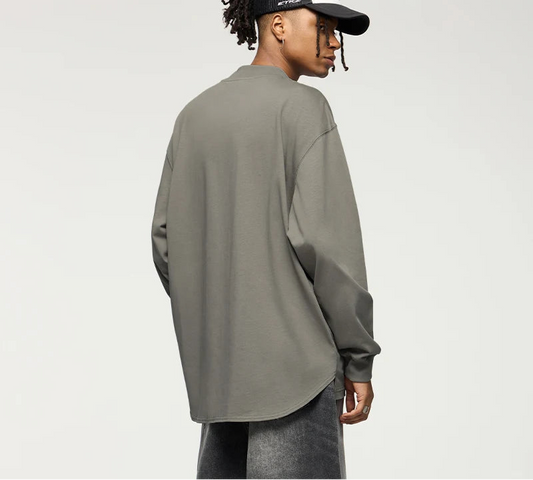 Unisex Heavyweight Mock Neck Cotton  Oversized Long-sleeved T-shirt