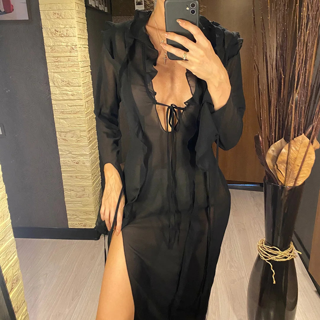 Women's Deep V-Neck High Split Ruffle Beach Cover-Up Maxi Dress