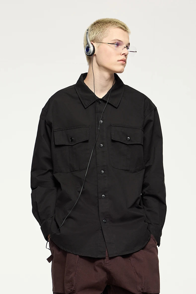 Men's Turn-Down Collar Long Sleeve Blouses Pockets Single-Breasted Vintage Cotton Casual Shirt