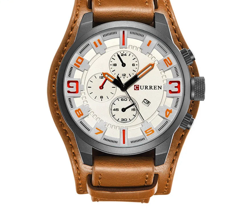 Men's Leather Strap Quartz Watch - Casual Sports Wristwatch with Date Display