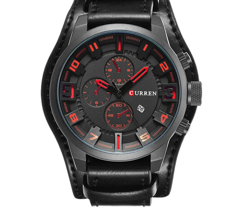 Men's Leather Strap Quartz Watch - Casual Sports Wristwatch with Date Display