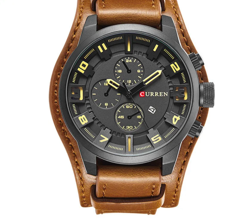 Men's Leather Strap Quartz Watch - Casual Sports Wristwatch with Date Display