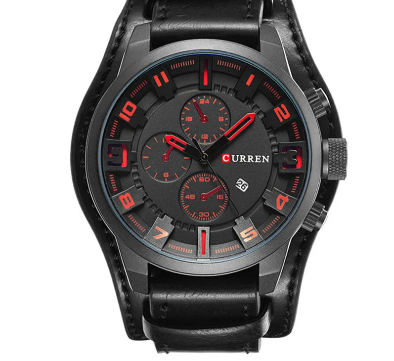 Men's Leather Strap Quartz Watch - Casual Sports Wristwatch with Date Display