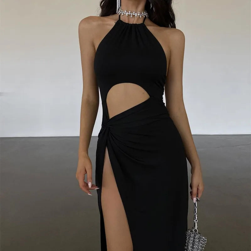 Women's Cut Out Backless Halter Split Maxi Dress - Sleeveless Long Dress